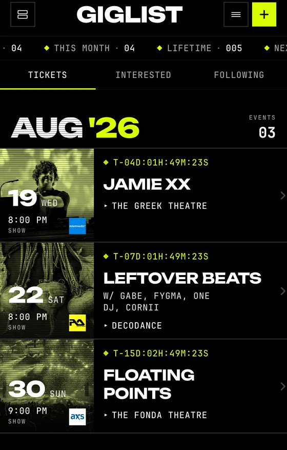 Giglist groups concert tickets by month, with each show's date, artwork, and venue.